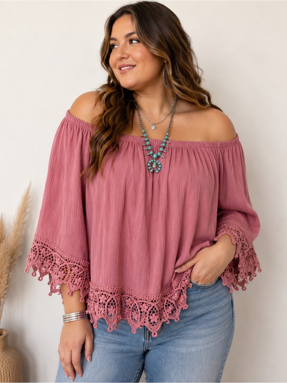 Wrangler Retro Dusty Rose Crochet Peasant Blouse Women’s XL Boho Top